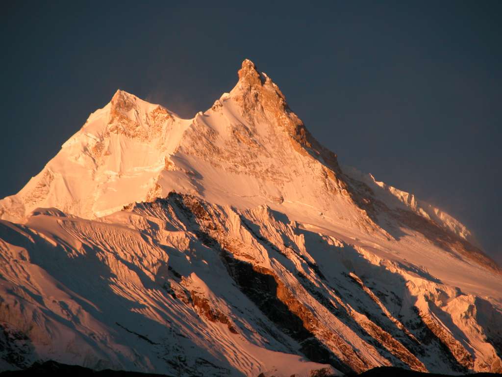 Manaslu 08 01 Manaslu Sunrise From Sama I had another perfect sunrise view, but a little foreshortened, of Manaslu from Sama.